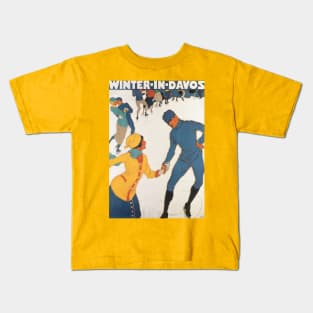 Vintage Travel Poster, Winter in Davos Kids T-Shirt